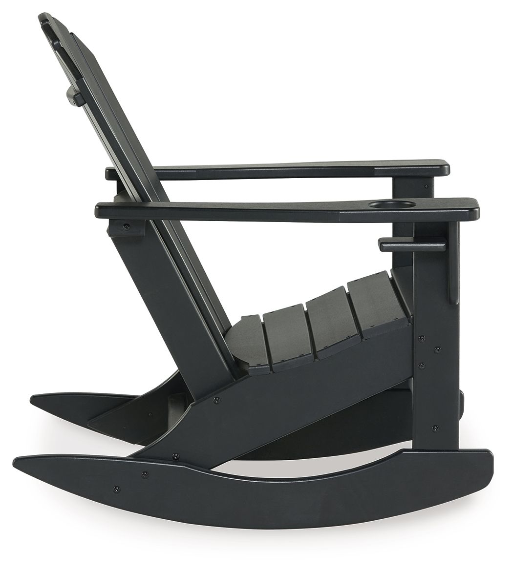 Black Adirondack rocking chair side view with slatted back, armrests, and rockers.