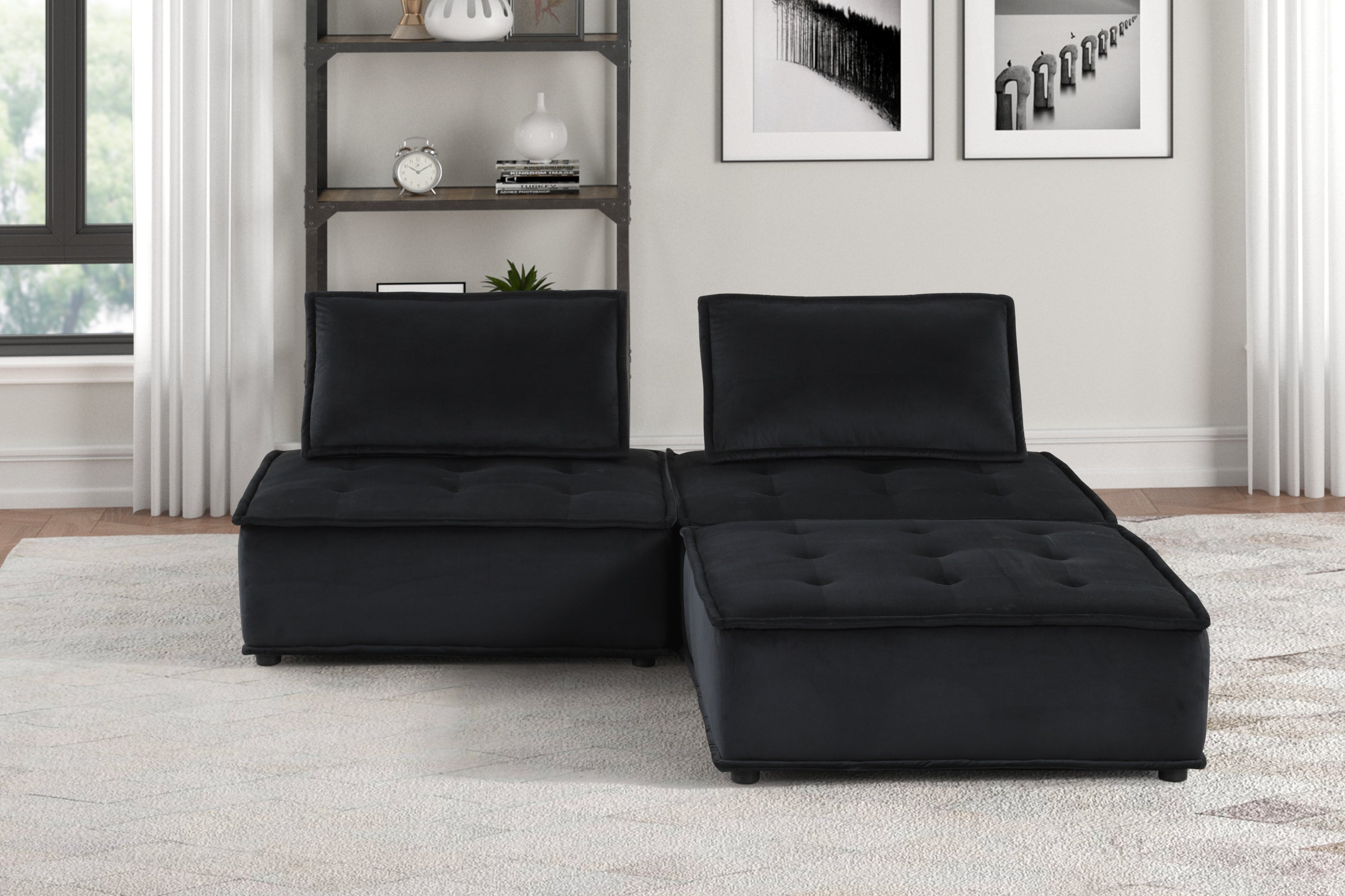 Anna 80" Black Velvet 3-Pc Sectional Sofa with Ottoman
