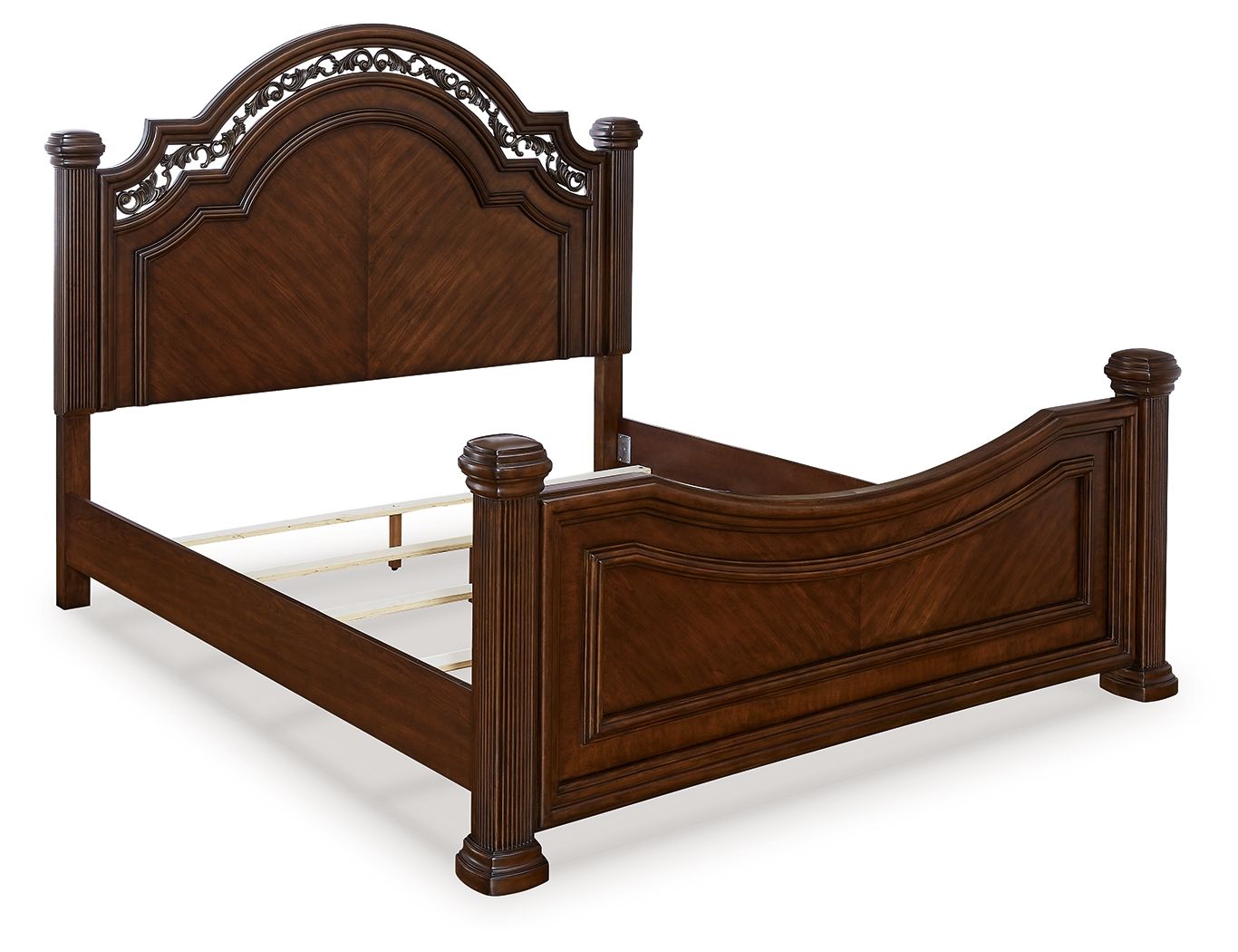 Dark brown poster bed with tall arched headboard, paneled footboard, turned legs