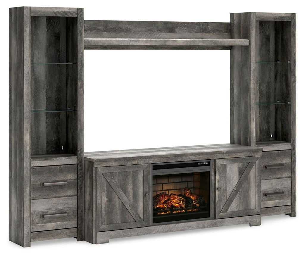 Gray entertainment TV stand with fireplace insert, glass-front firebox and side cabinets