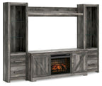 Gray entertainment TV stand with fireplace insert, glass-front firebox and side cabinets