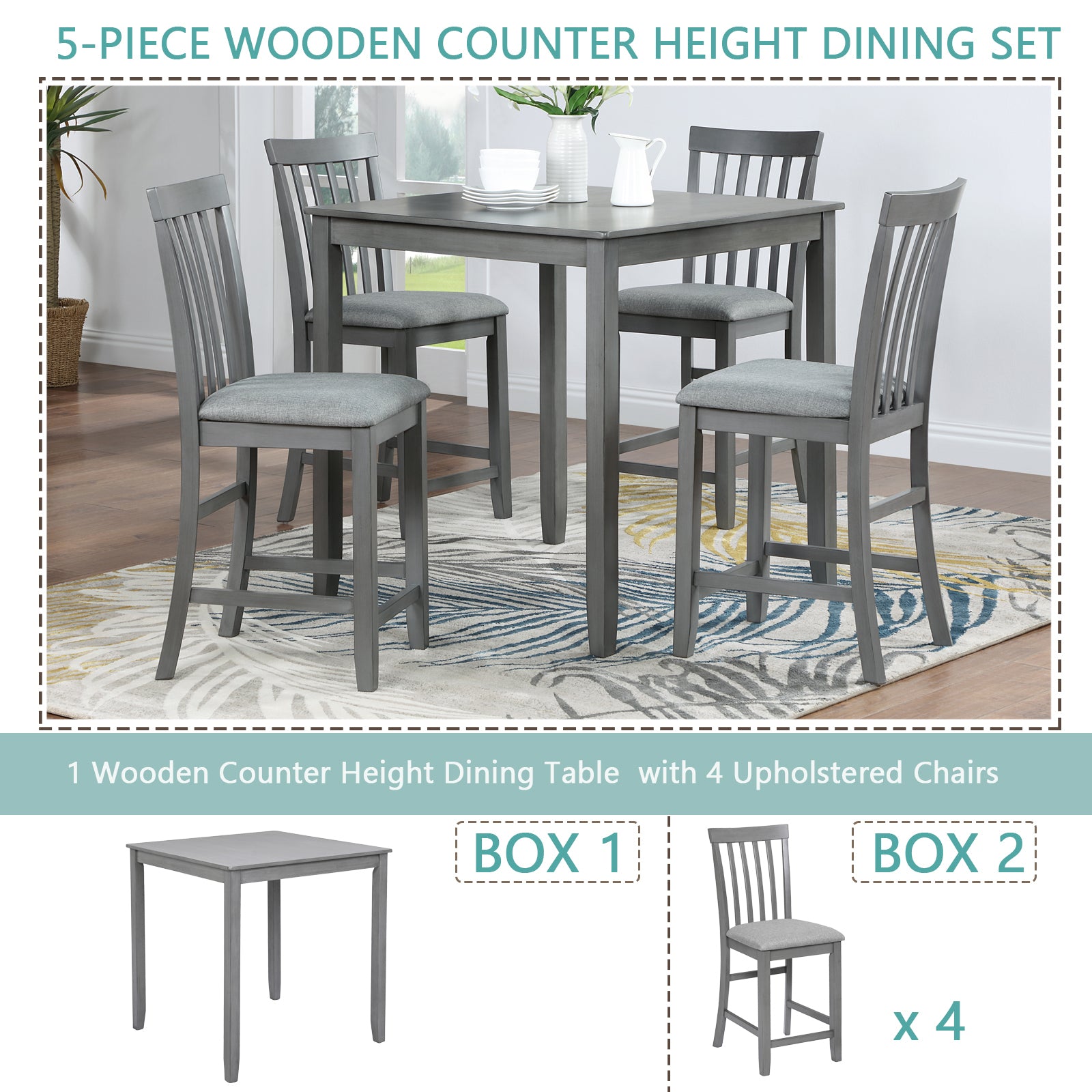 5 Piece Dining Set, Square Kitchen Table w/ Chairs