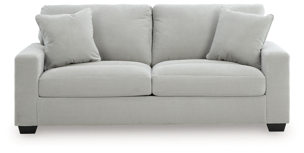 Greenbriar sofa in light gray fabric, two seat cushions, three back pillows