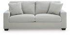 Greenbriar sofa in light gray fabric, two seat cushions, three back pillows