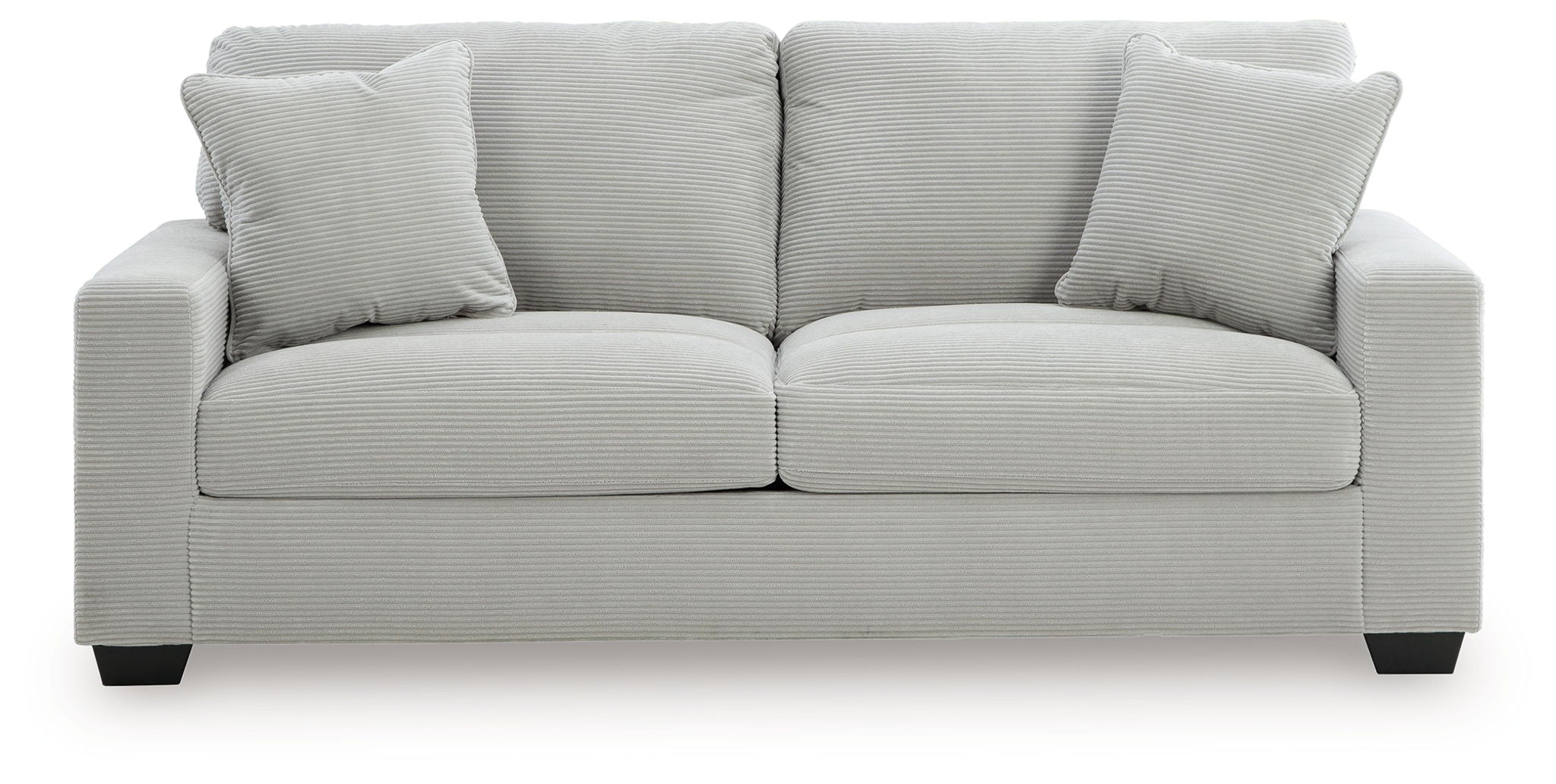 Greenbriar sofa in light gray fabric, two seat cushions, three back pillows