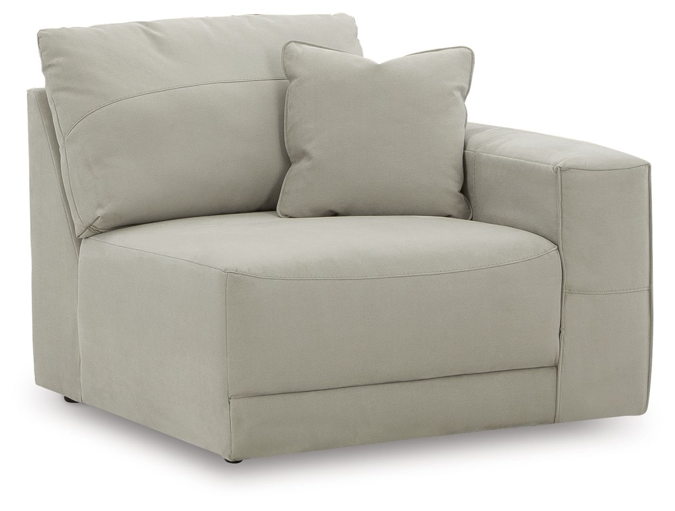 Gray upholstered corner chair with rounded arms and cushioned seat