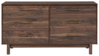 Mocha wood accent drawer chest with brass bar handles, two-door center divider front view