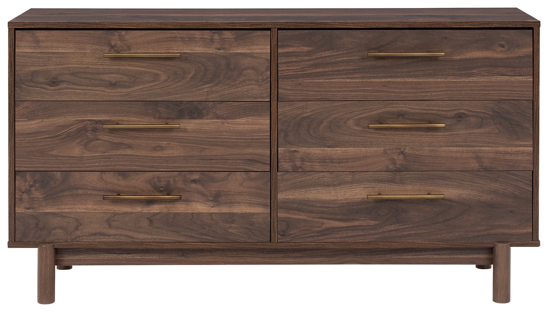 Mocha wood accent drawer chest with brass bar handles, two-door center divider front view