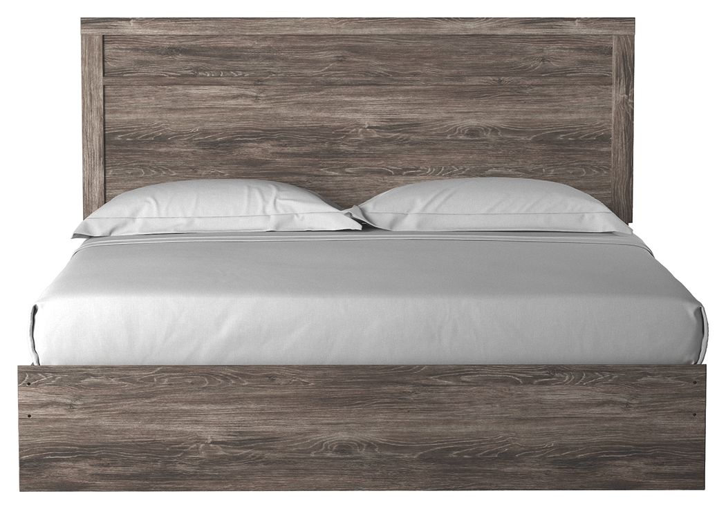 Dark gray wood-look panel bed with white bedding and pillows