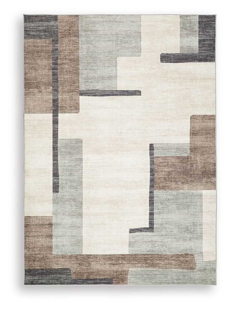 Beige & gray abstract washable rug with square border and block pattern