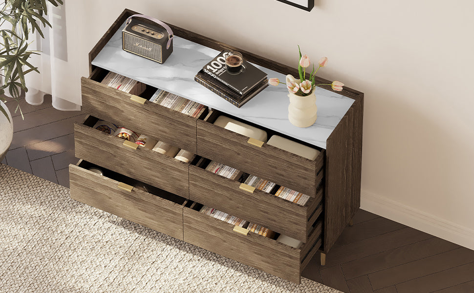 55" 6-Drawer Dresser Marbling Top Walnut