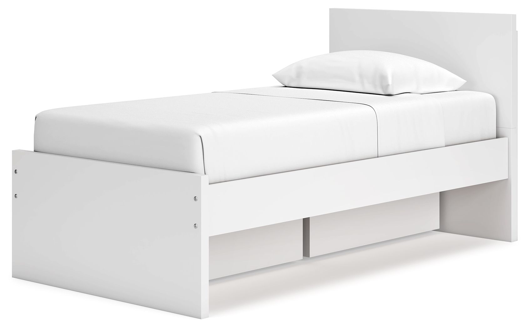 White panel platform bed with headboard and low-profile side storage drawers.