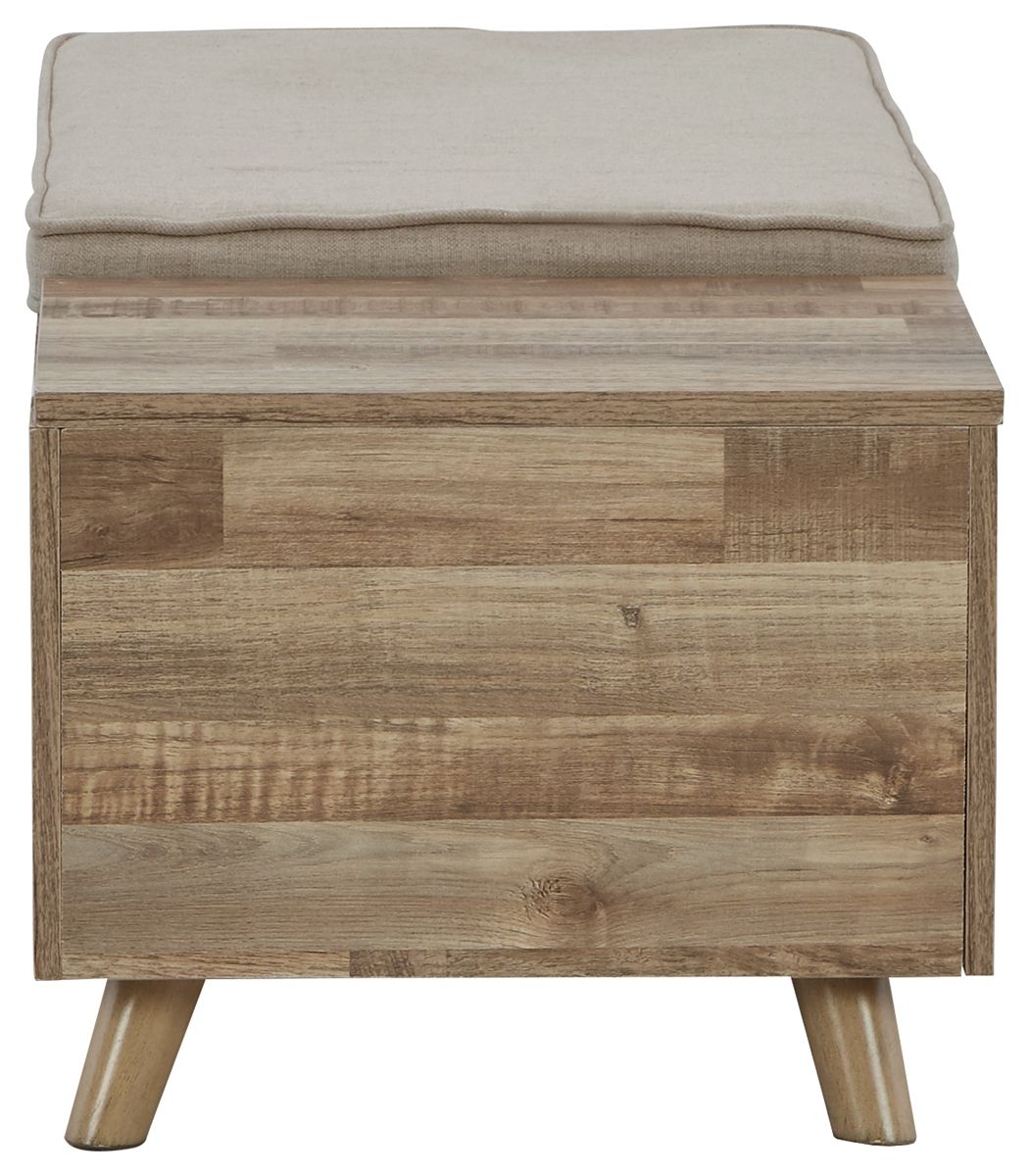Beige upholstered storage bench with open lid and recessed side handle, light wood legs