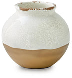 Vercott white ceramic vase with crackle glaze and tan base, wide mouth and bulbous body