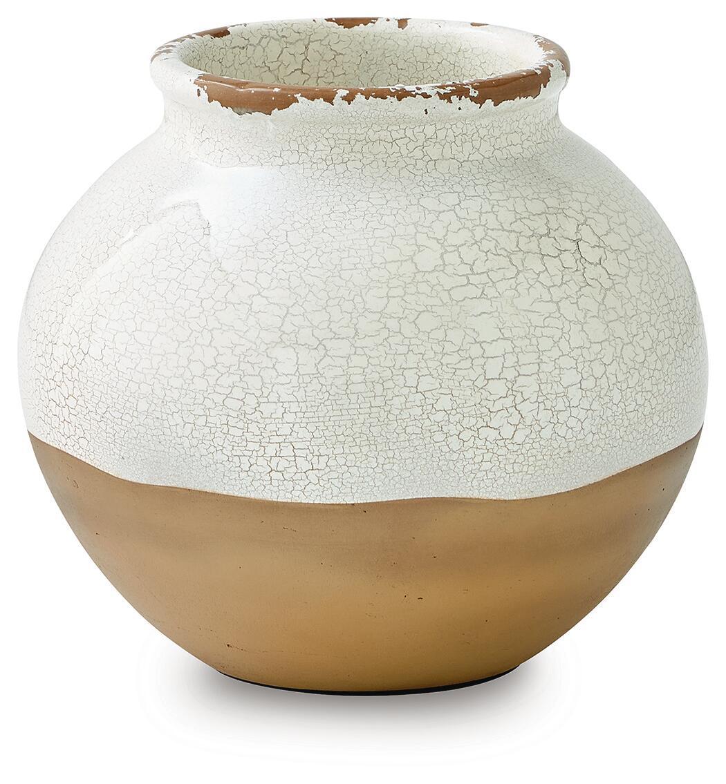 Vercott white ceramic vase with crackle glaze and tan base, wide mouth and bulbous body