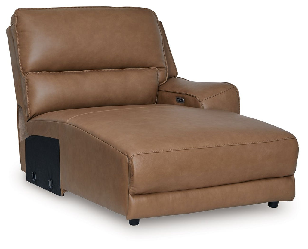 Caramel brown power chaise with press-back and padded armrests, rectangular footrest
