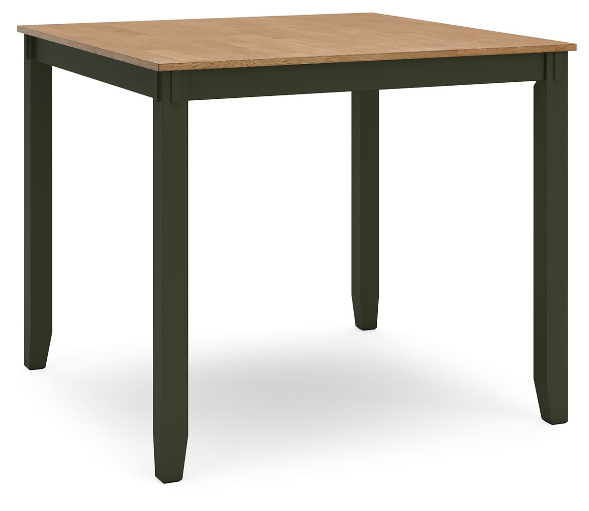 Square dining table with dark green legs and light brown wood top