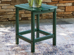 Green rectangular end table with slatted tabletop, open frame, and lower shelf