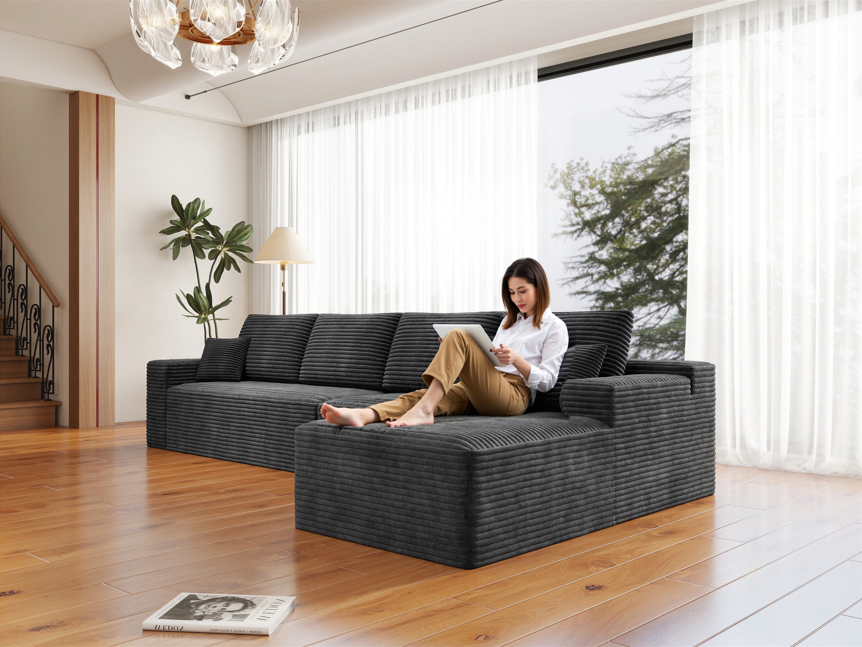 Grey Modular Sectional Sofa - Plush Corduroy Upholstered Couch