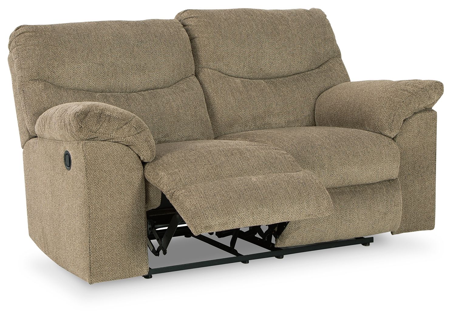 Reclining loveseat in beige fabric with extended footrest and visible mechanism