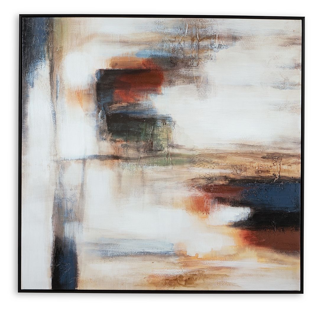 Abstract wall art with black frame, white field, teal-blue and gold-red blocks.