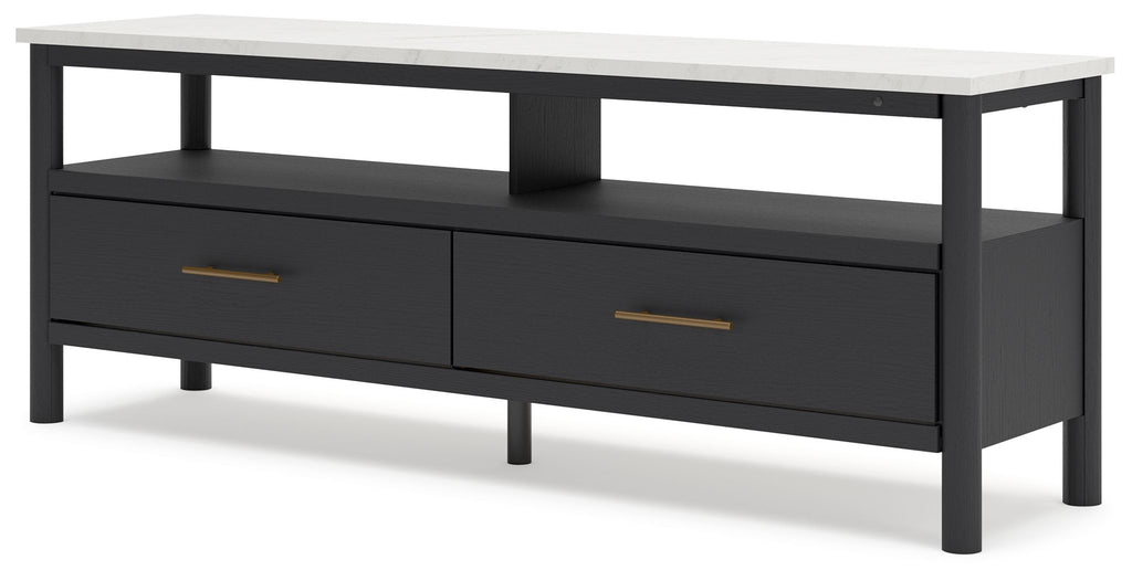 Black TV stand with two drawers and open shelf above
