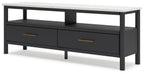 Black TV stand with two drawers and open shelf above