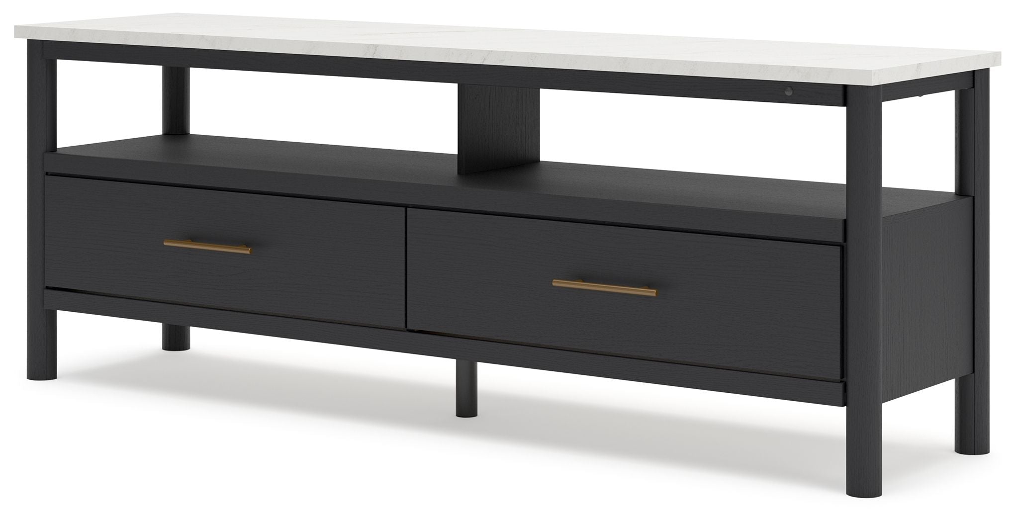 Black TV stand with two drawers and open shelf above