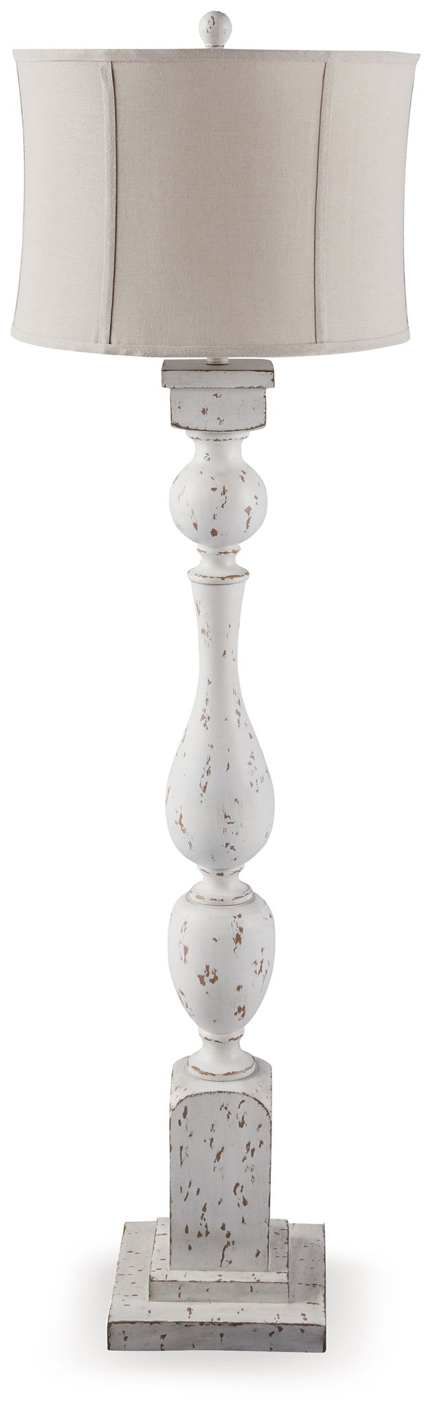 White drum-shade lamp with turned posts and distressed speckled base