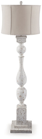 White drum-shade lamp with turned posts and distressed speckled base