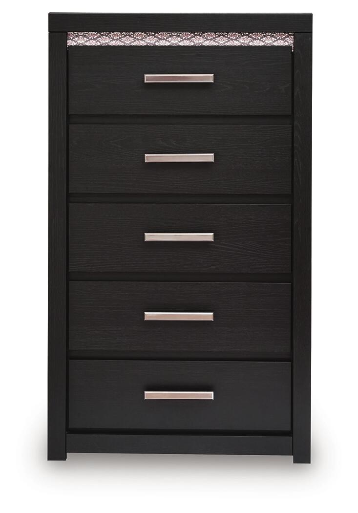Black five-drawer chest with five silver bar drawer pulls
