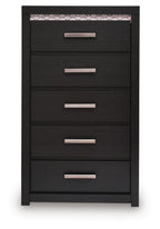 Black five-drawer chest with five silver bar drawer pulls