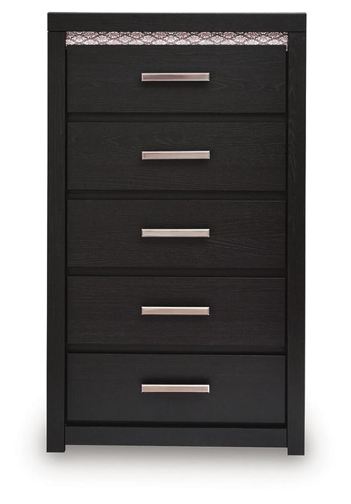 Black five-drawer chest with five silver bar drawer pulls