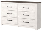 White wood dresser with six drawers and black bar pulls, dark wood top