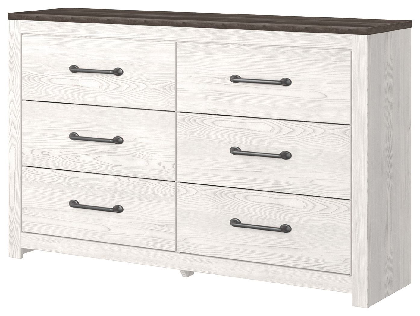 White wood dresser with six drawers and black bar pulls, dark wood top