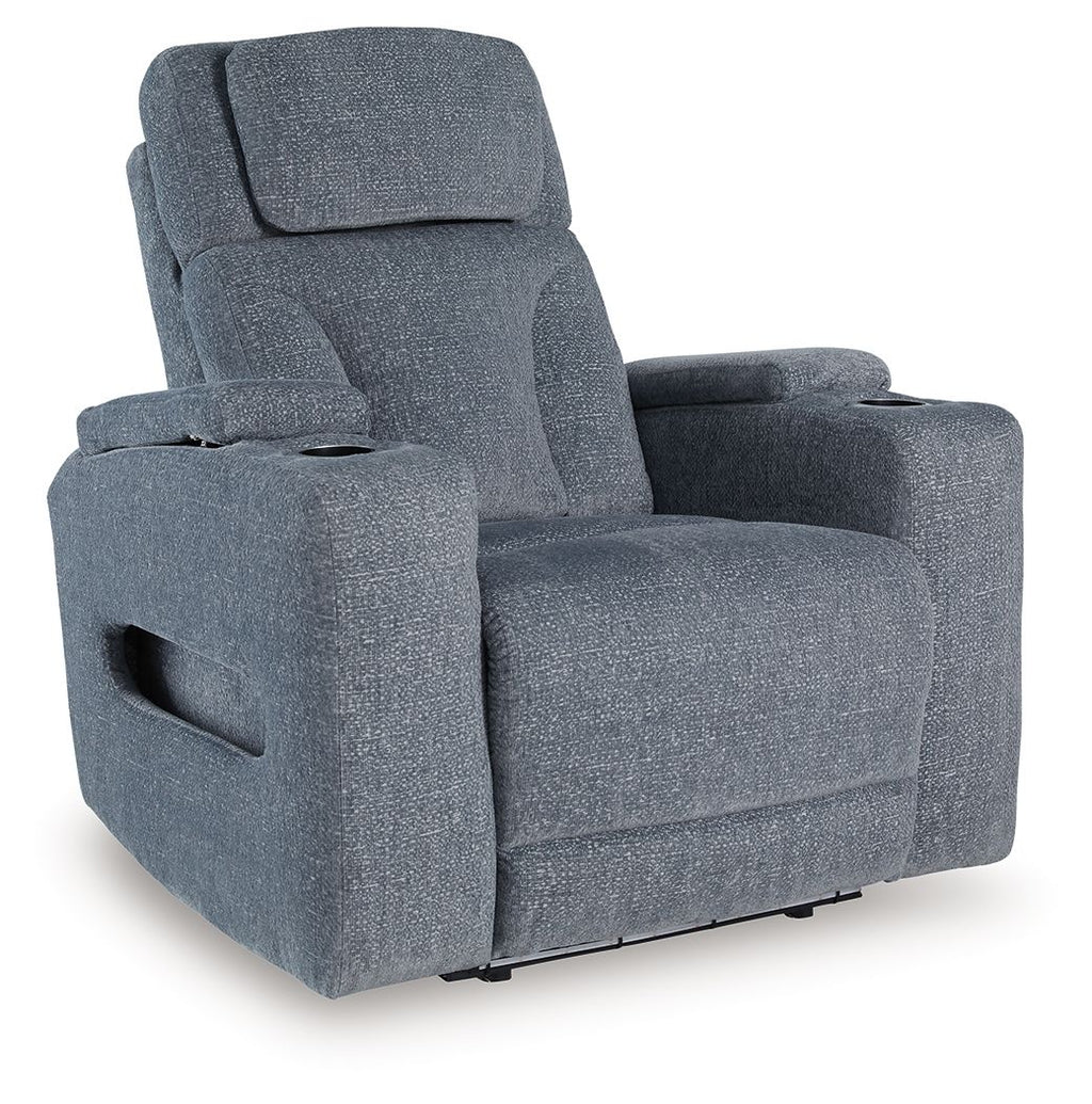 Dark gray fabric power recliner with open cup holder on arm and reclined seat