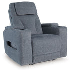 Dark gray fabric power recliner with open cup holder on arm and reclined seat