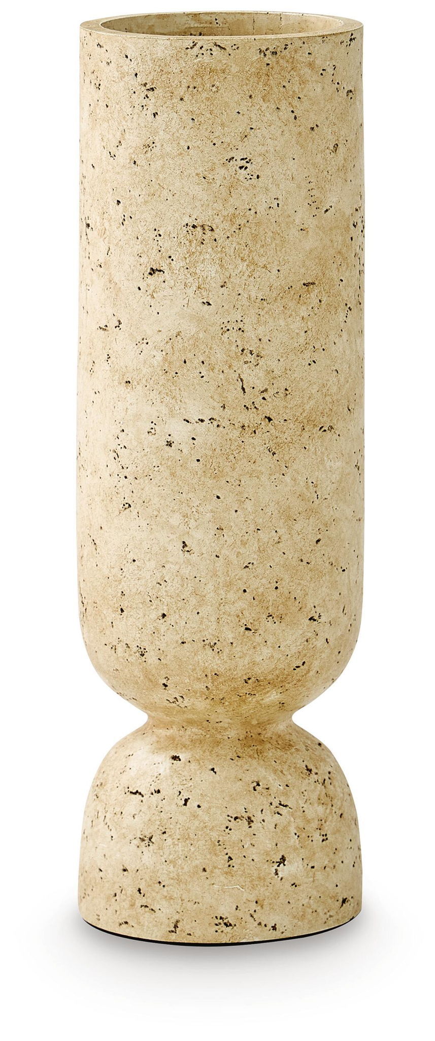 Beige speckled textured vase, tall fluted body with rounded pedestal base