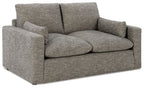Granite upholstered loveseat with two back cushions and wide seat