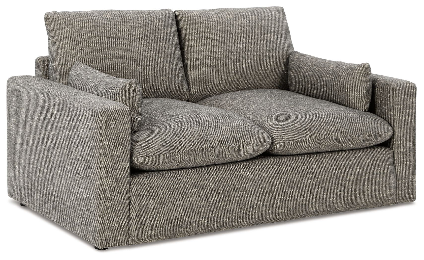 Granite upholstered loveseat with two back cushions and wide seat