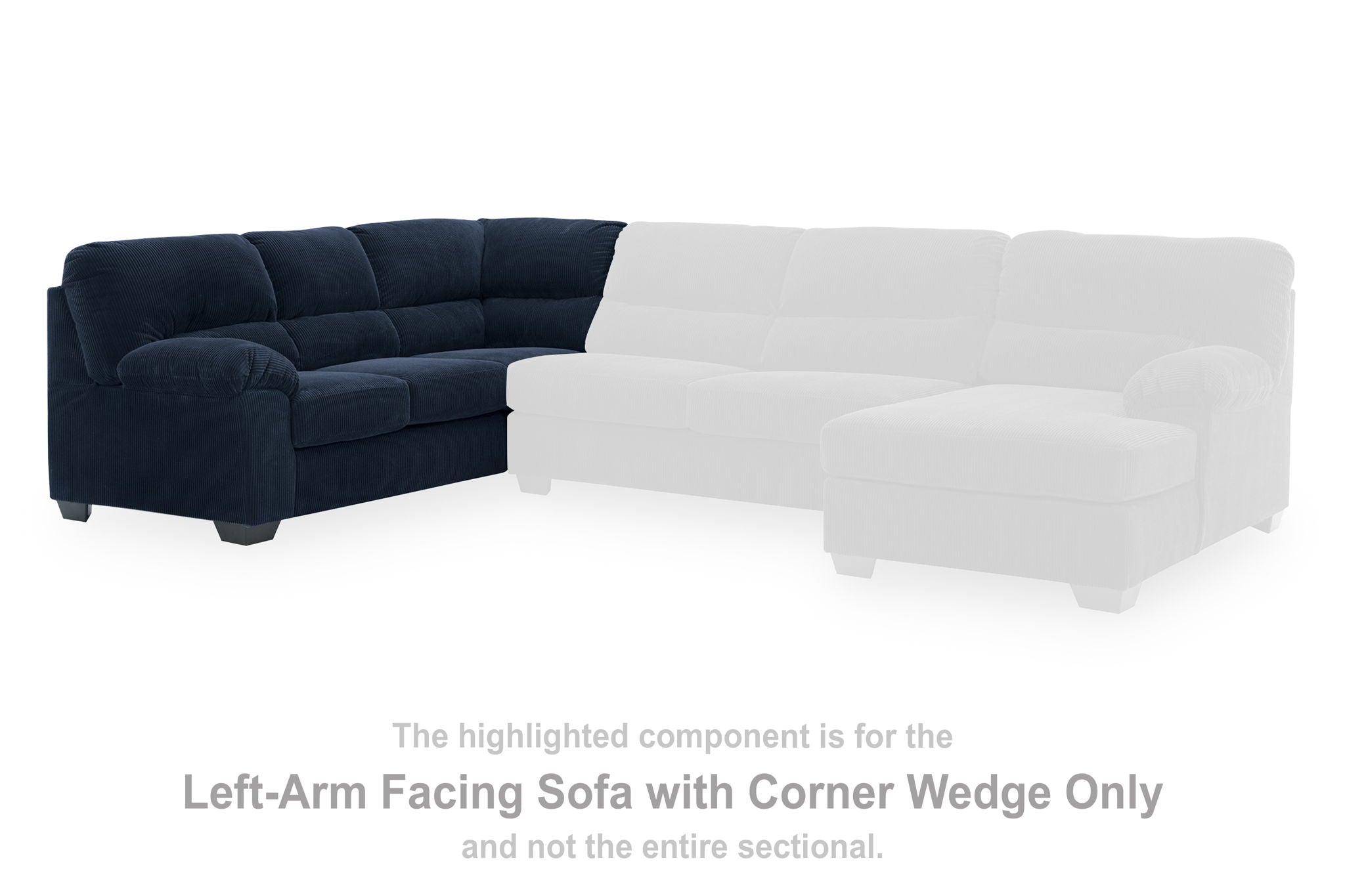 Navy sectional sofa with corner wedge, shown as the left-arm facing component