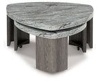Nesting cocktail tables, round gray stone-look top with darker gray wood legs and casters