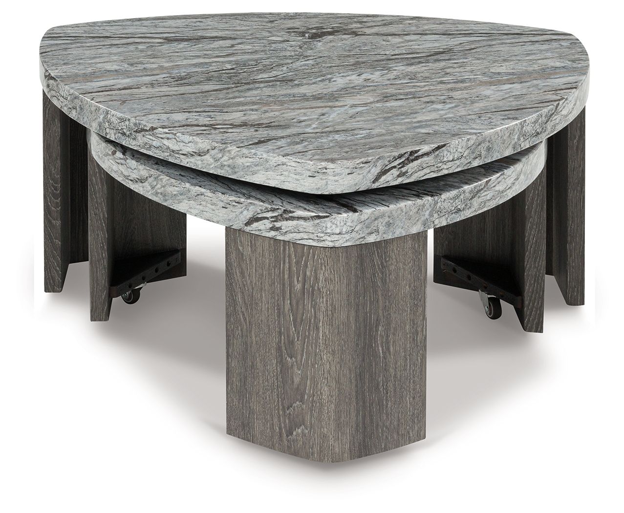 Nesting cocktail tables, round gray stone-look top with darker gray wood legs and casters