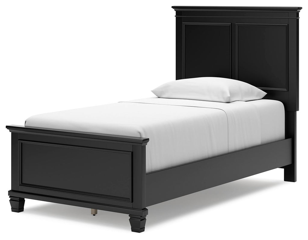 Black panel bed with smooth front panel and white mattress, paneled headboard