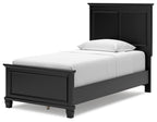 Black panel bed with smooth front panel and white mattress, paneled headboard