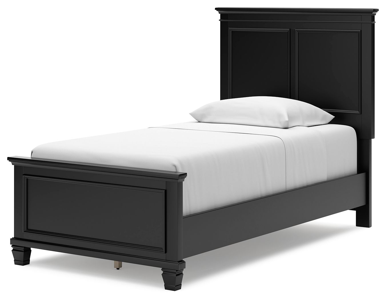 Black panel bed with smooth front panel and white mattress, paneled headboard