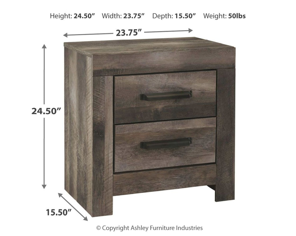 Gray two-drawer nightstand front view with black drawer pulls and legs