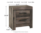 Gray two-drawer nightstand front view with black drawer pulls and legs