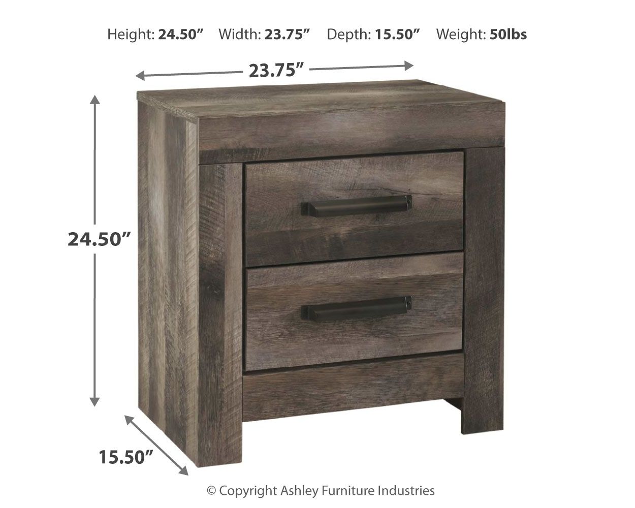 Gray two-drawer nightstand front view with black drawer pulls and legs