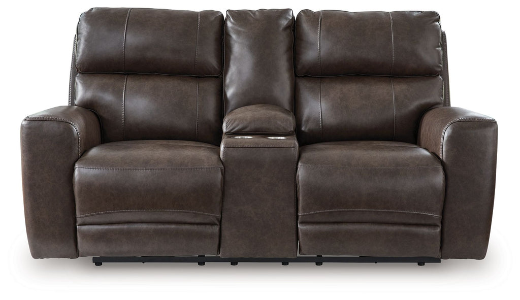 Dark brown power reclining loveseat with padded backrests and wide armrests